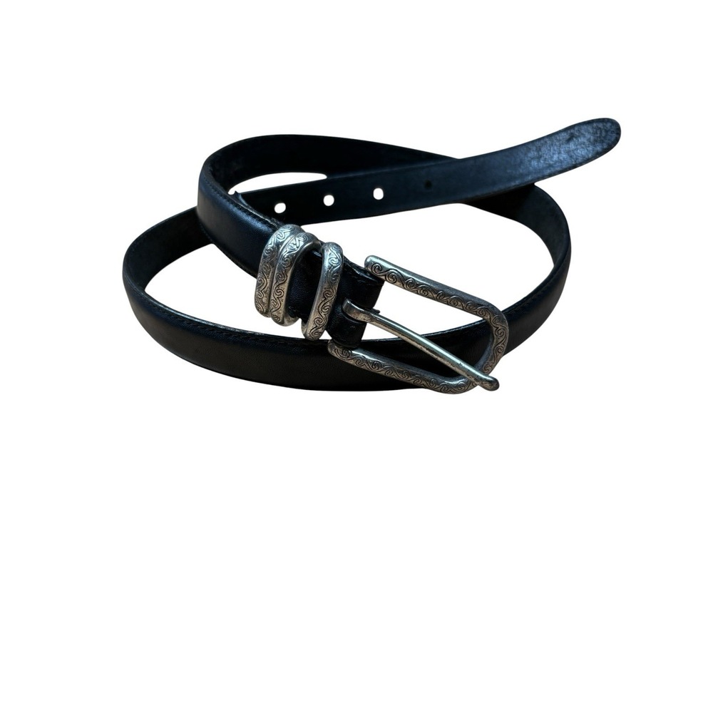 Vtg Brighton Leather Belt Slim Western Sz M 43603 Decorative Silver Buckle